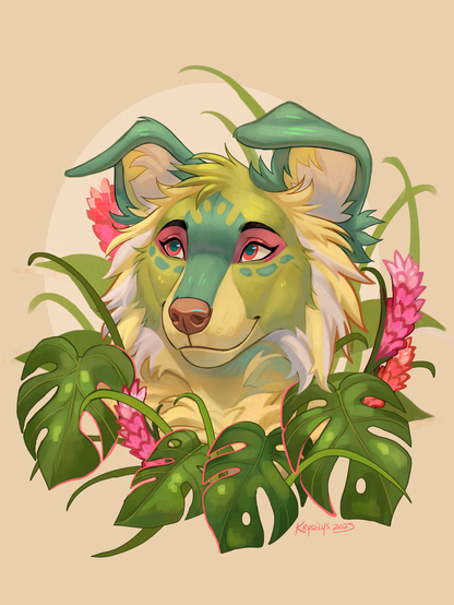 Laelia in soft colors and surrounded by monstera leaves of course