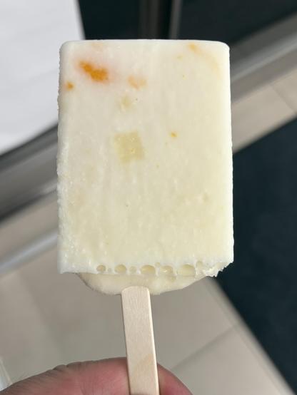杏仁豆腐アイスバーを手に持ってる。白い長方形型。うっすらみかんの塊が見れる。
