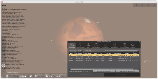 🕶️ A view of its UI (v.23.2), zoomed in, at the end of the day, from my regions, on the planet Mars, as I could observe it if I had a powerful enough telescope. On the left, an impressive list of data concerning it, at the bottom left two menus that appear if I leave my mouse cursor over them, at the top right another settings menu, and in the foreground, a window entitled "Astronomical Calculations", allowing me to quickly focus on Mars (selected), Mercury, the Sun and Venus.

📚️ Stellarium is a libre, multi-platform mature planetarium, displaying a real-time 3D sky as it can be observed. It is a complete tool, accessible to beginners, which is used by some planetarium projectors. It has a catalogue of over 600k stars (expandable to 177 million), displays information on the brightest stars, images of most of the objects in the Messier catalogue and the Milky Way, real-time position of planets and their satellites, it is scriptable, supports plug-ins and can be used to control a telescope.