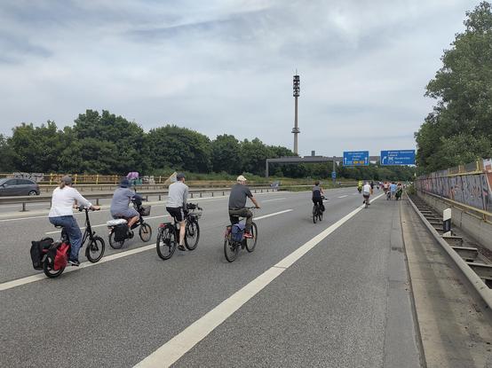 Auf einer mehrspurigen Straße fahren nur Radfahrer, im Hintergrund blaue Autobahnschilder.