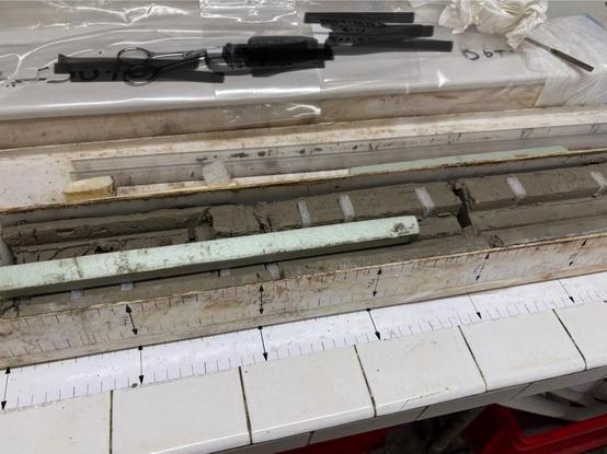 One of the marine sediment cores—sorry, no spoiler for you today!—sampled at the LSCE (Laboratoire des Sciences du Climat et de l’Environnement UMR 8212) core repository. Photo taken by Nina Davtian (it’s me!).