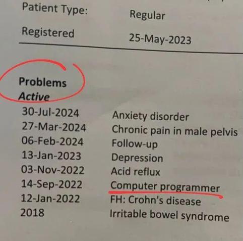 Patient Type: Regular
Registered 25-May-2023

Problems
Active

30-Jul-2024
Anxiety disorder

27-Mar-2024
Chronic pain in male pelvis

06-Feb-2024
Follow-up

13-Jan-2023
Depression

03-Nov-2022
Acid reflux

14-Sep-2022
Computer programmer

12-Jan-2022
FH: Crohn's disease

2018
Irritable bowel syndrome