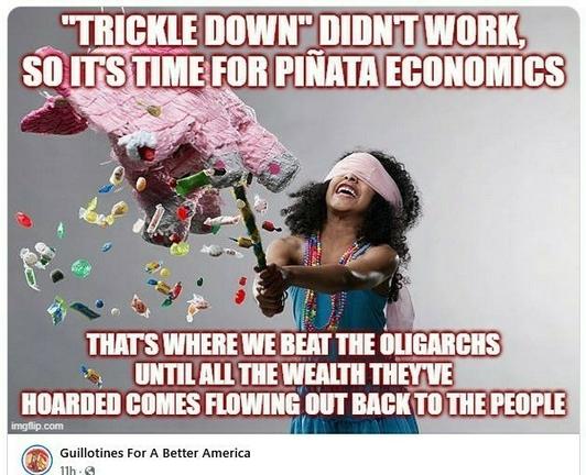 SO ITS TIME FOR PINATA EGONOMICS: THAT'S WHERE WE BEAT THE OLIGARCHS UNTIL ALL THE WEALTH THEY'VE HOARDED COMES FLOWING OUT BACK TO, THE PEOPLE!

Picture: young woman wearing a blindfold is weilding a stick against a hanging pinata, which has burst open allowing the candy to fall out.