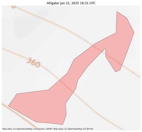 Visual map representation of the Alligator wildfire, showing the perimeters of the 2.852346362875394 acre fire on a map.