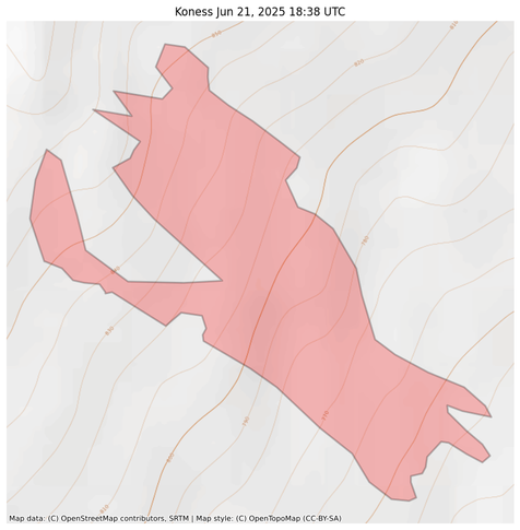 Visual map representation of the Koness wildfire, showing the perimeters of the 92.6760190833728 acre fire on a map.