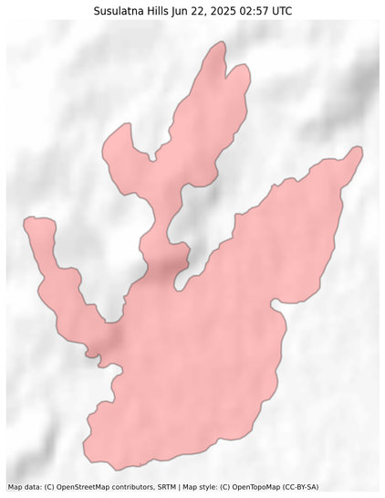 Visual map representation of the Susulatna Hills wildfire, showing the perimeters of the 2784.3058906276583 acre fire on a map.