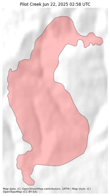 Visual map representation of the Pilot Creek wildfire, showing the perimeters of the 3301.074149653558 acre fire on a map.