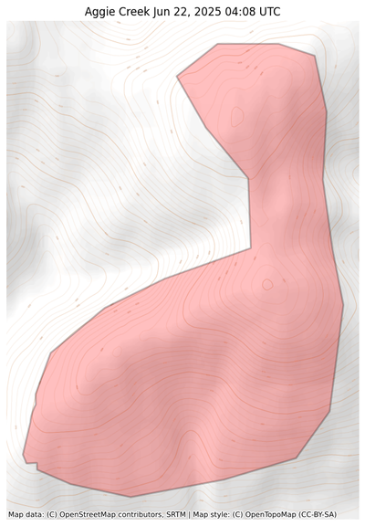 Visual map representation of the Aggie Creek wildfire, showing the perimeters of the 933.6467064314891 acre fire on a map.