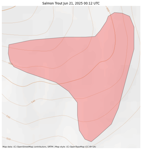 Visual map representation of the Salmon Trout wildfire, showing the perimeters of the 69.97575099551365 acre fire on a map.