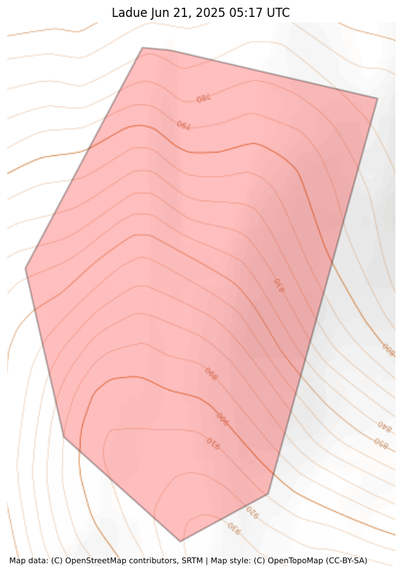 Visual map representation of the Ladue wildfire, showing the perimeters of the 105.11770398323667 acre fire on a map.