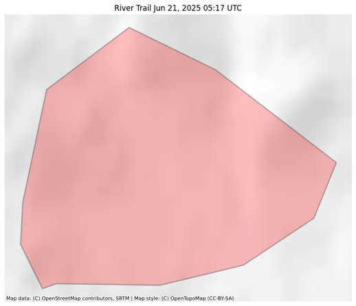 Visual map representation of the River Trail wildfire, showing the perimeters of the 861.491957899432 acre fire on a map.