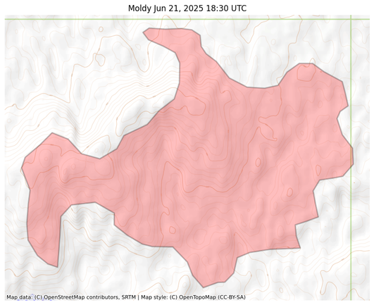 Visual map representation of the Moldy wildfire, showing the perimeters of the 3407.308224159781 acre fire on a map.