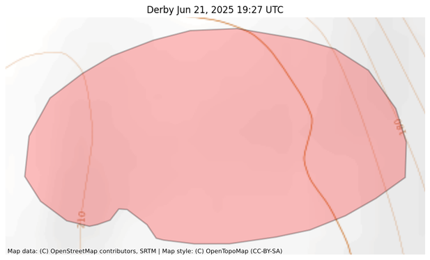 Visual map representation of the Derby wildfire, showing the perimeters of the 34.58267942334674 acre fire on a map.