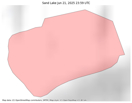 Visual map representation of the Sand Lake wildfire, showing the perimeters of the 303.65889250695176 acre fire on a map.