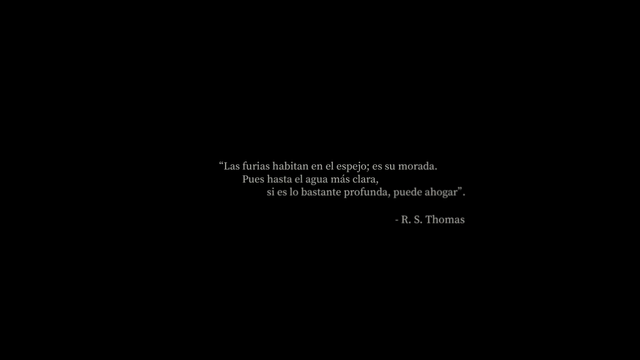 texto branco sobre fondo negro: "Las furias habitan en el espejo; es su morada.
Pues hasta el agua más clara,
si es lo bastante profunda, puede ahogar" R.S. Thomas