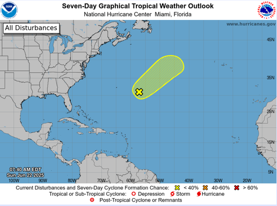 Yellow/low probability of development in the middle of the Atlantic