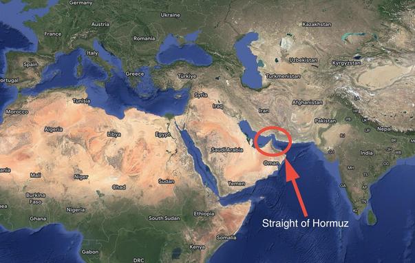 Satellite map centred on the middle east… the Persian Gulf is partly formed by a peninsula that forms a very narrow straight along Iran’s coastline. If you squint, it all looks a bit like a nutcracker.