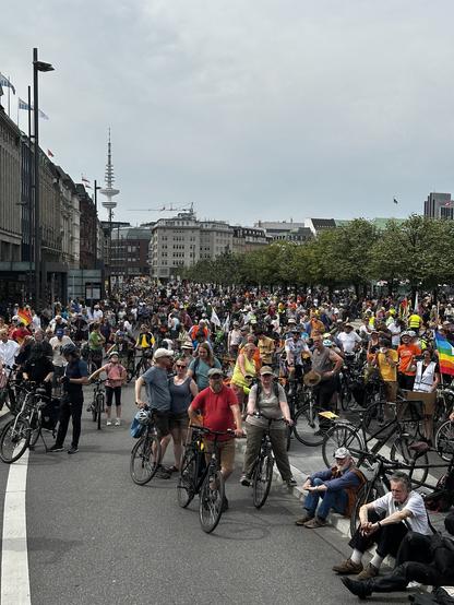 "A protest scene featuring  many many adults on bikes, and the setting appears to be an urban demonstration advocating for safer, car-free environments. The atmosphere is peaceful and determined."