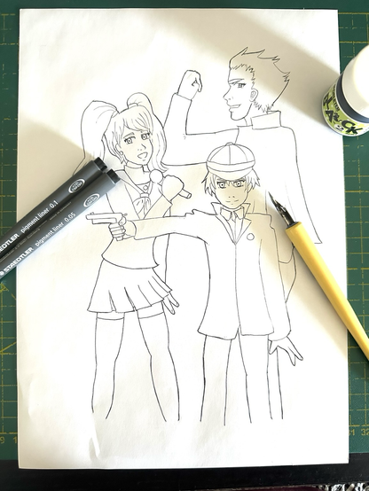 Photo of an uncoloured ink drawing of Rise, Naoto, and Kanji from the game Persona 4, wearing their school uniforms. Rise holds a microphone and sings into it, Naoto holds a gun, and Kanji flexes his biceps and grins at the viewer. Two Staedtler fineliners, a Deleter ink pot and a yellow pen holder with a G pen lie on top of the drawing, which lies on a green mat.