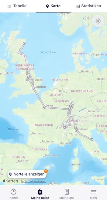 The map in the RailPlanner app showing the whole trip