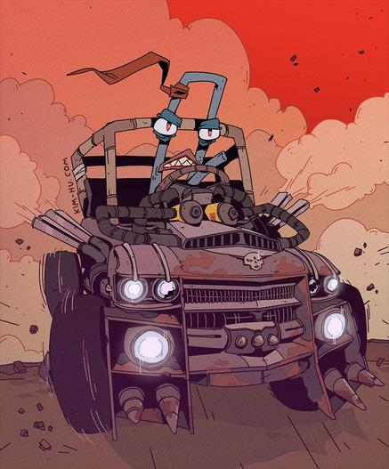 Illustration of Clippy the Paperclip in a Mad Max style truck, blasting through a wasteland.