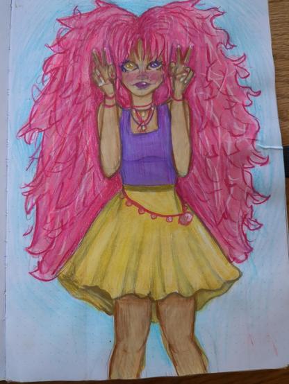 Girl with HUGE pink hair, purple tank top and a twirly golden skirt