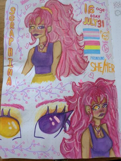 Oc sheet of my new oc! She has huge pink hair, one purple eye and one yellow eye, a purple tank top, and a gold skirt