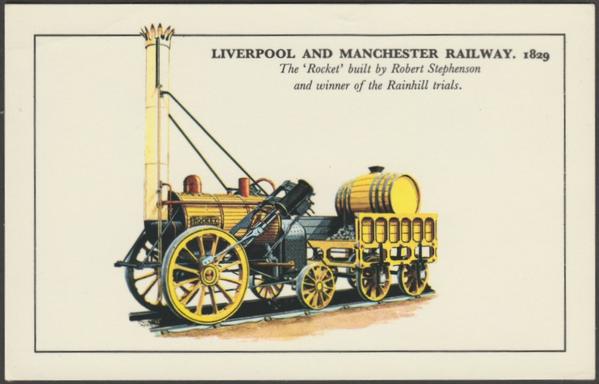 Printed colour postcard showing an illustration of the Rocket, built by George Stephenson in 1829 and used on the Liverpool and Manchester Railway.

Published by Photo Precision Limited, St Ives, Colourmaster International, No BSL 1.

Postally unused.

Good condition, with very slight corner bumps, but light crease to top left corner.