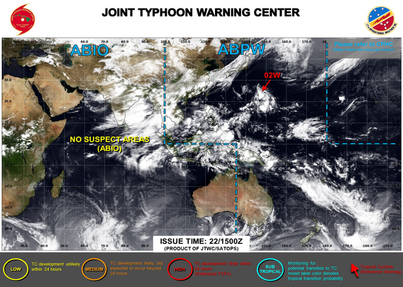 ABPW10 PGTW 221500
MSGID/GENADMIN/JOINT TYPHOON WRNCEN PEARL HARBOR HI//
SUBJ/SIGNIFICANT TROPICAL WEATHER ADVISORY FOR THE WESTERN AND SOUTH 
PACIFIC OCEANS REISSUED/221500Z-230600ZJUN2025//
REF/A/MSG/JOINT TYPHOON WRNCEN PEARL HARBOR HI/221351ZJUN2025//
AMPN/REF A IS A TROPICAL CYCLONE WARNING.//
RMKS/
1. WESTERN NORTH PACIFIC AREA (180 TO MALAY PENINSULA):
   A. TROPICAL CYCLONE SUMMARY:
      (1) AT 22JUN25 1200Z, TROPICAL DEPRESSION 02W (TWO) WAS LOCATED 
NEAR 23.2N 145.9E, APPROXIMATELY 270 NM EAST-SOUTHEAST OF IWO TO, AND 
HAD TRACKED NORTHWESTWARD AT 05 KNOTS OVER THE PAST SIX HOURS. MAXIMUM 
SUSTAINED SURFACE WINDS WERE ESTIMATED AT 30 KNOTS GUSTING TO 40 KNOTS. 
SEE REF A (WTPN31 PGTW 221500) FOR FURTHER DETAILS.
      (2) NO OTHER TROPICAL CYCLONES.
   B. TROPICAL DISTURBANCE SUMMARY:
      (1) THE AREA OF CONVECTION (INVEST 95W) PREVIOUSLY LOCATED NEAR 
22.8N 146.2E IS NOW THE SUBJECT OF A TROPICAL CYCLONE WARNING. SEE PARA. 
1.A.(1) FOR FURTHER DETAILS. 
      (2) NO OTHER SUSPECT AREAS.
   C. SUBTROPICAL SYSTEM SUMMARY: NONE.
2. SOUTH PACIFIC AREA (WEST COAST OF SOUTH AMERICA TO 135 EAST):
   A. TROPICAL CYCLONE SUMMARY: NONE.
   B. TROPICAL DISTURBANCE SUMMARY: NONE.
   C. SUBTROPICAL SYSTEM SUMMARY: NONE.
3. JUSTIFICATION FOR REISSUE: UPGRADED AREA IN PARA 1.B.(1) TO WARNING 
STATUS.////
NNNN