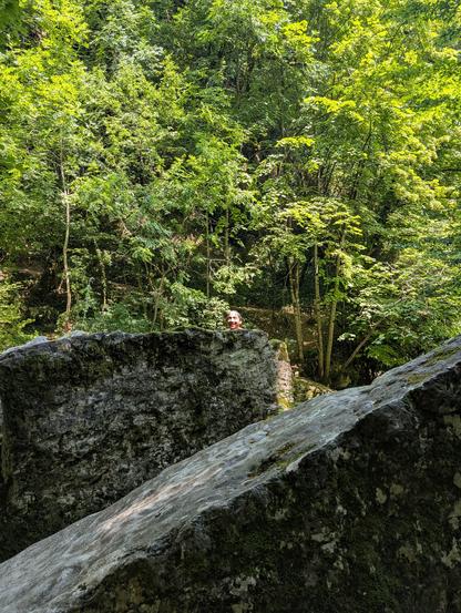 Sur fond boisé, deux rochers massifs et anguleux. La tête d'un homme aux cheveux mouillés, qui regarde en souriant vers la caméra, dépasse de derrière le rocher au second plan.