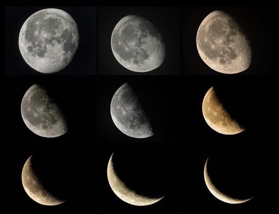 A collage of 9 photos showing 9 days of the moon from just after Full to a thin crescent