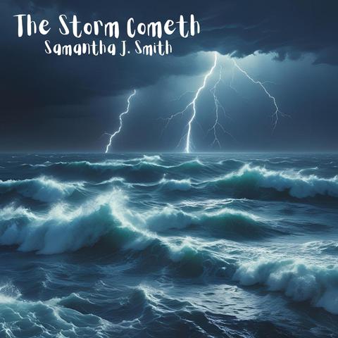 A rough dark blue sea with a stormy sky and lightning in the distance. The title and musician are in the top left hand corner in white.