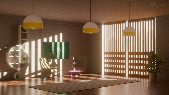 Living room with concrete walls ans wooden floor, two chairs, a shelf, a table, three 70s lamps hanging from above, soft sunlight illuminates the scene