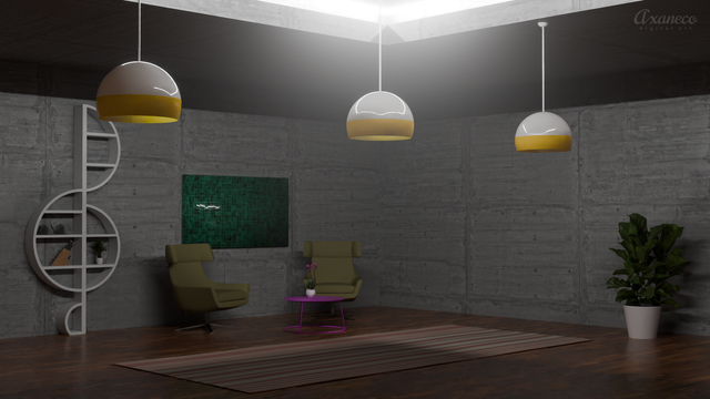 Living room with concrete walls ans wooden floor, two chairs, a shelf, a table, three 70s lamps hanging from above, cold light from above illuminates the scene
