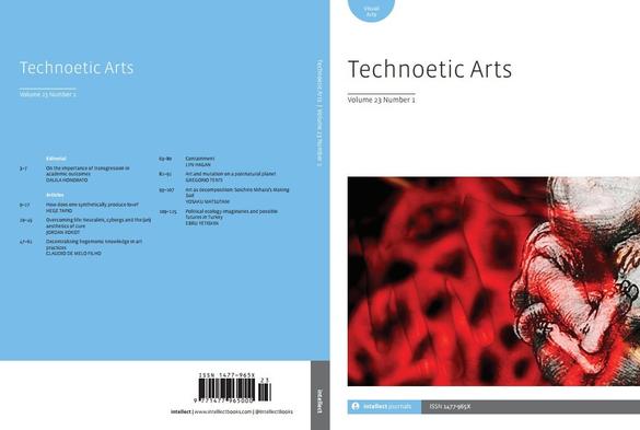 This image shows the front and back covers of "Technoetic Arts" academic journal, Volume 23 Number 1.
The front cover (left side) features a light blue background with white text. The journal title "Technoetic Arts" appears prominently at the top, with the volume information below. The cover includes a table of contents listing several academic articles with page numbers and authors, including topics on transgression in academic outcomes, synthetic love, neuralgia and cyborgs, hegemonic knowledge in art practices, containment, posthuman planets, satellite warfare, and political ecology. At the bottom is a barcode and ISSN information.
The back cover (right side) displays the same journal title and volume information at the top against a white background. The main visual element is an abstract artistic image featuring swirling red and black forms with organic, flowing shapes that create a dynamic, somewhat turbulent composition. At the bottom is the Intellect publisher logo and ISSN number (1477-965X).
The overall design presents a contrast between the clean, academic layout of the front cover and the more artistic, abstract imagery of the back cover, reflecting the journal's focus on the intersection of technology and arts.