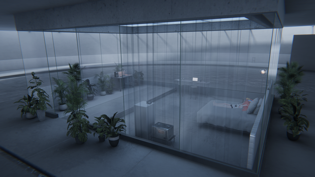 A picture of a simple room surrounded by glass and some plants. Inside, there is a bed on which an avatar is lying down.