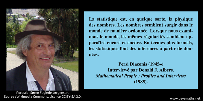 Portrait photographique de Persi Diaconis, et une citation : "La statistique est, en quelque sorte, la physique des nombres. Les nombres semblent surgir dans le monde de manière ordonnée. Lorsque nous examinons le monde, les mêmes régularités semblent apparaître encore et encore. En termes plus formels, les statistiques font des inférences à partir de données."