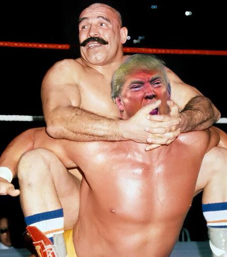 WWE Hall of Fame wrestler and proud Iranian, The Iron Sheik putting Donald Trump in his famous finishing move, the Camel Clutch