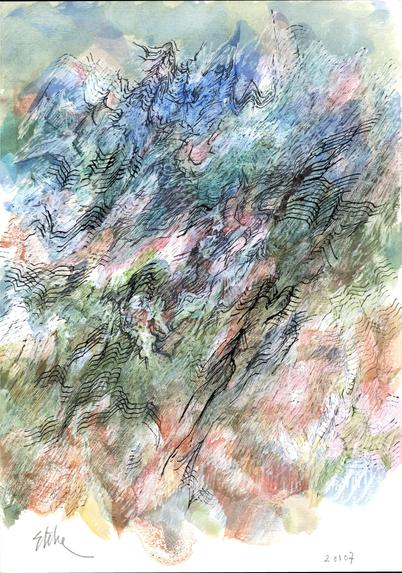 Abstract painting in portrait format; Thin black curves (drawn with 4  equidistant tips) over clouds of pastel green, blue, red and some yellow
