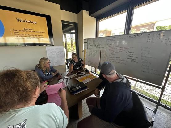 Natasha (OV Middle School) talking with co-workers about projects.