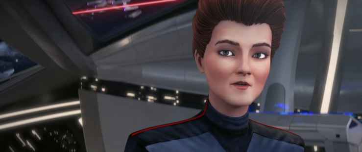 A close-up shot of Hologram Janeway on the bridge of the Protostar.  From E120