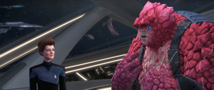 A shot of an emotional Rok talking with Hologram Janeway on the bridge of the Protostar.  From E120