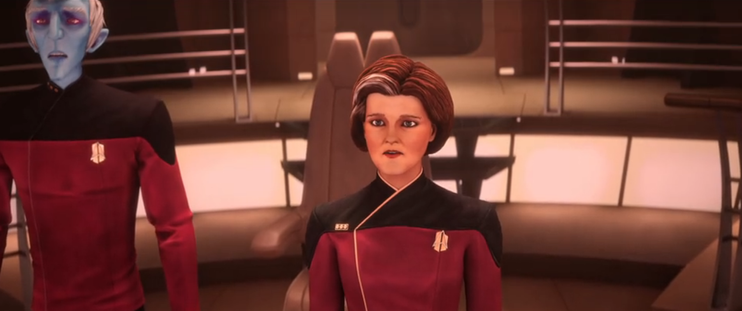 A shot of Admiral Janeway on the bridge of the Dauntless.  Tysess can also be seen.  From E120