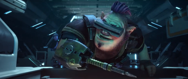 A close-up shot of Jankom working in Engineering on the Protostar as he talks to Dal (who is in the background).  From E120