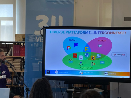 'immagine mostra una presentazione in una sala con un grande schermo al centro. Sullo schermo è proiettato un diagramma a Venn con tre sezioni: "SOCIAL" in blu, "FORUM" in viola e "CONTENUTI" in verde. Ogni sezione contiene icone di diverse piattaforme, come Google+, Mastodon, WordPress, e altri. Il testo in alto recita "DIVERSE PIATTAFORME...INTERCONNESSE!" e c'è un riferimento a "ActivityPub" nella sezione "FORUM". Sullo sfondo, si vede una libreria con libri e un banner blu con la scritta "3IL". Un uomo con barba sta parlando al microfono, indossando una maglietta viola e un badge. La sala è illuminata da una finestra e appare un pubblico seduto, con le spalle rivolte verso l'obiettivo.