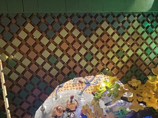 Close up of a roof of the Lego Rivendell set, build up out of a large number of 1x1 Lego tiles.