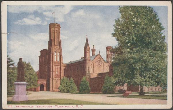 Printed colour postcard showing a view of the Smithsonian Institute in Washington DC, USA.

Published by Foster & Reynolds, Washington DC, No 112, undivided back, c.1900-05.

Postally unused.

Fairly good condition, with slight corner bumps, but tear to upper left edge.
