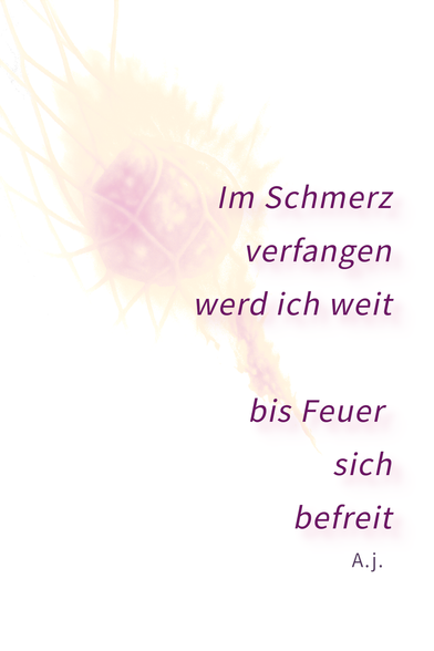 Auf hellem, fast weißem Hintergrund ist links eine abstrakte, in zarten Violett- und Gelbtönen gehaltene Kugelform zu sehen, die von netzartigen Linien umgeben ist. Rechts daneben steht ein Gedicht in lila Schrift, Zeile für Zeile angeordnet:

„Im Schmerz
gefangen
werd ich weit

bis Feuer
sich
befreit

A.j.“

Das Bild wirkt insgesamt weich, lichtdurchflutet und poetisch.