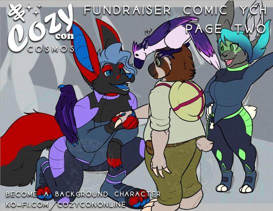 page 2 of CozyCon Online's multi page comic for this years Cosmos theme. There are YCH spots available on Ko-fi.com/cozycononline and this page shows Connor and Dinobird (the mascots) meeting the station staff, Temrin (Chair/captain), and Lilithe (3D builder/Holodeck designer) and you can see an empty character spot walking past them.