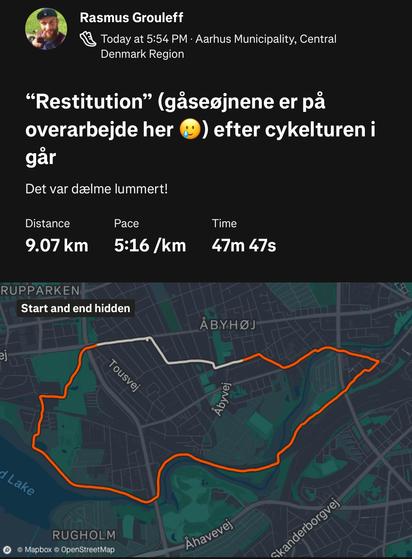 Kort fra Strava med ruten, jeg løb. Distancen var 9 km, og jeg løb turen på 47 minutter og 47 sekunder.

Jeg har givet turen overskriften: »”Restitution” (gåseøjnene er på overarbejde her 🥲) efter cykelturen i går« og tilføjet noten: “Det var dælme lummert!”.
